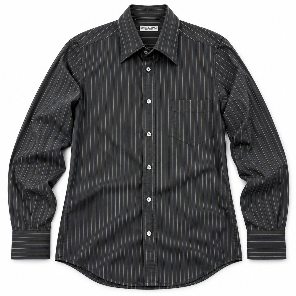 Dolce & Gabbana Pinstripe Button Up Shirt Mens Dark Gray Long Sleeve Pocket